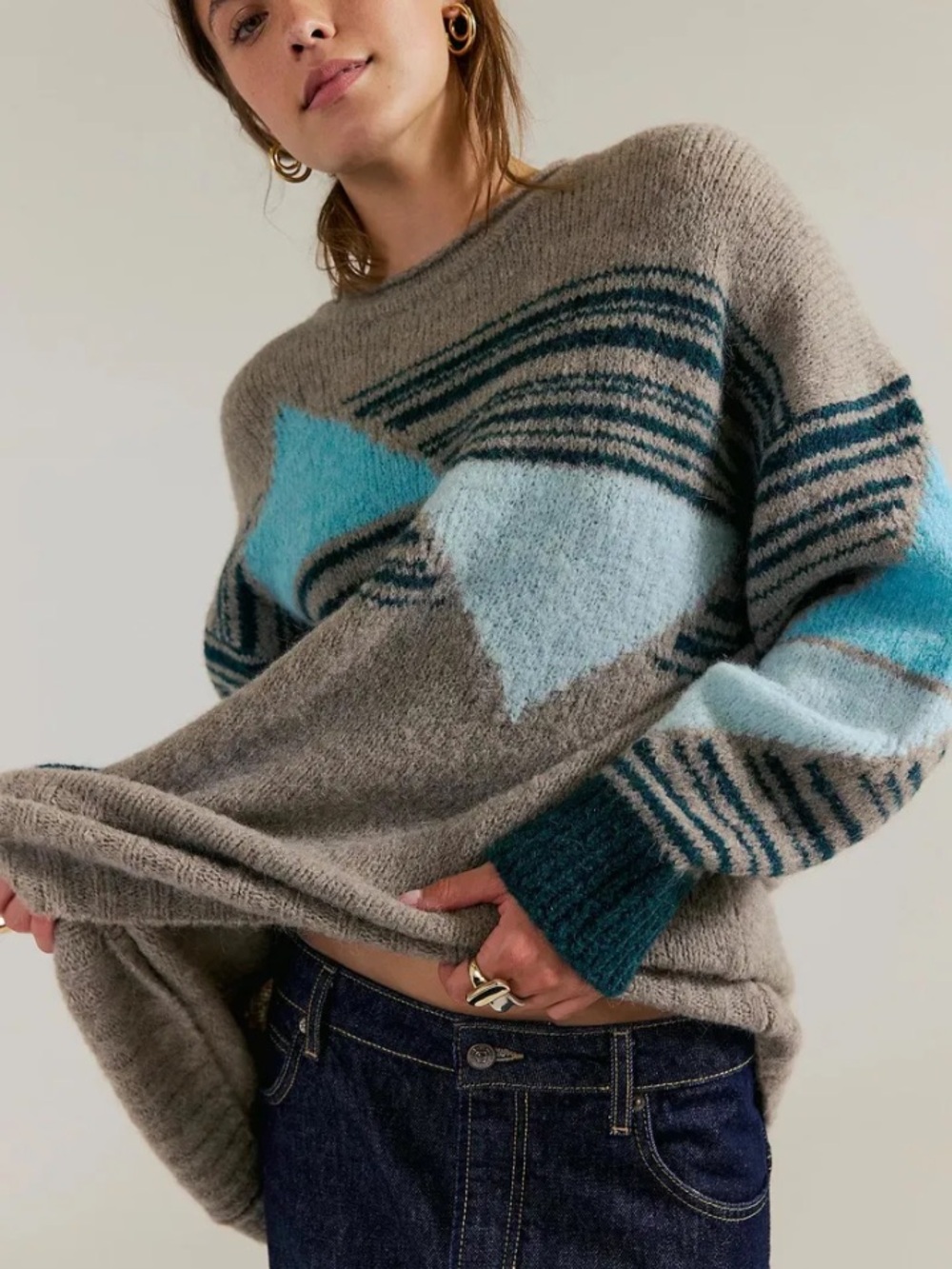 Free People Hidden Trail Pullover Oversized Sweater in Grey Skies Combo XS/S NWT